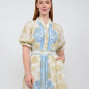 Chic Cream and Blue Embroidered Midi Dress